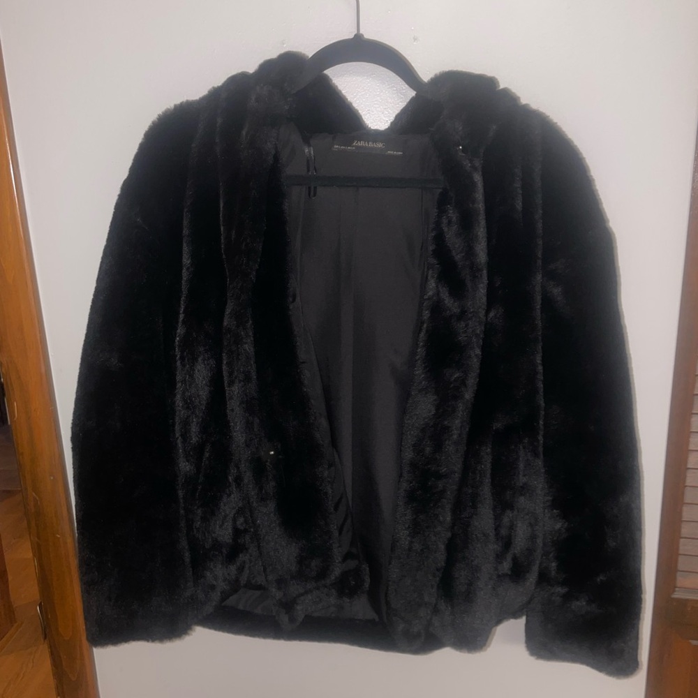 ZARA black hooded fur coat